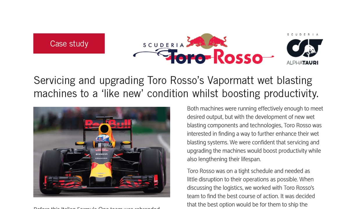 Toro Rosso: Servicing and upgrading the wet-blasting machines for an F1 team
