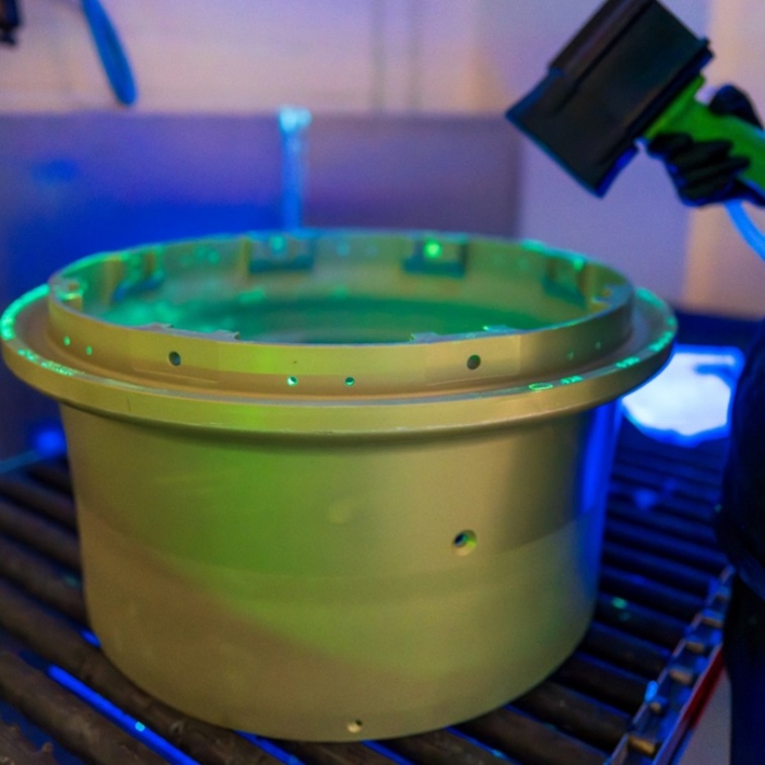 Aircraft wheel undergoing FPI NDT