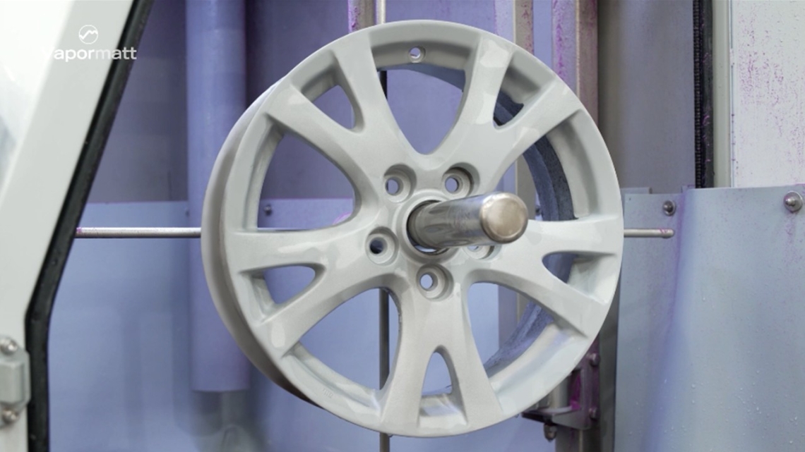 Alloy wheel after wet blasting in the Puma manual wet blasting machine