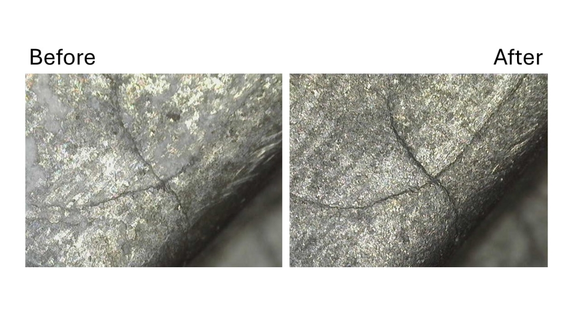 Aerospace component crack before and after wet blasting