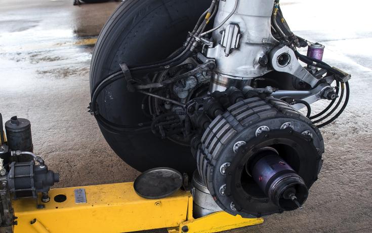 Aircraft wheel and brakes under repair