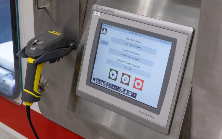 HMI and barcode scanner of a wet blasting machine