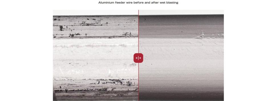 Aluminium feeder wire before and after wet blasting