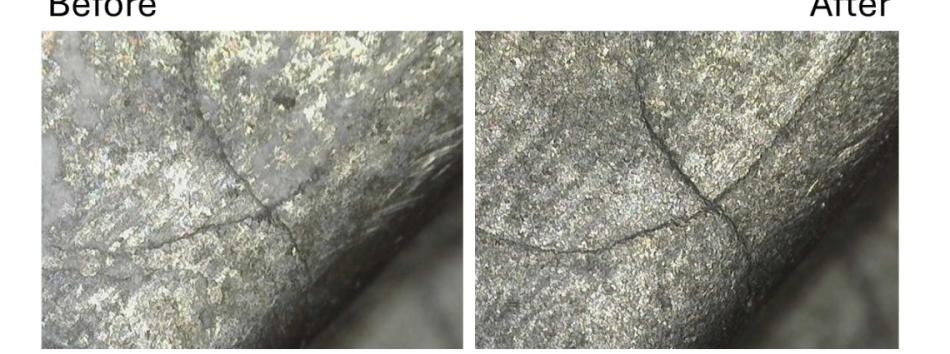 Aerospace component crack before and after wet blasting