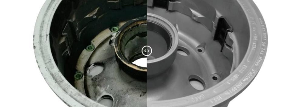 Aircraft wheel before and after wet blasting for NDT