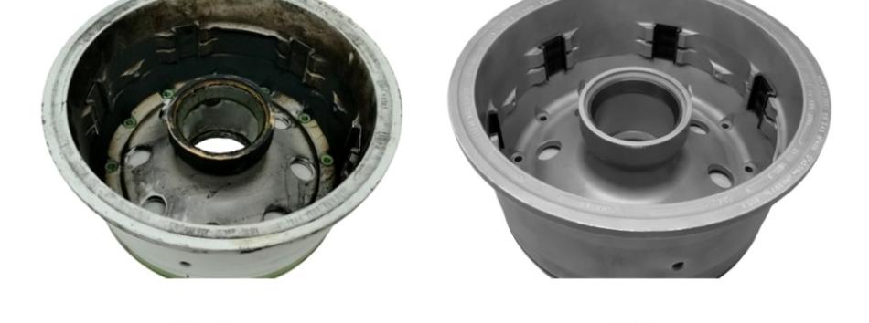 Aircraft wheel before and after wet blasting for NDT