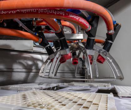 Automated wet blast gun head from a Vapormatt Cougar+ automatic wet blasting machine