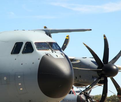 Propeller blades on a military aircraft