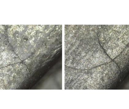 Aerospace component crack before and after wet blasting