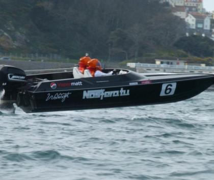 Vapormatt sponsor Nosferatu, C Class rated powerboat, Havelet Bay, Guernsey