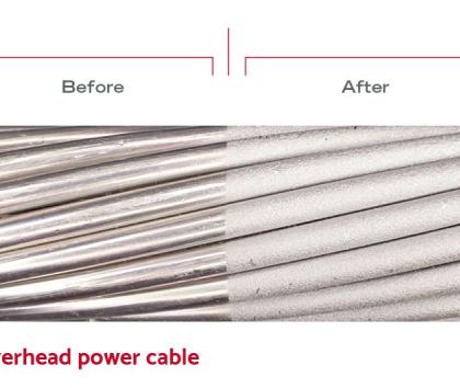Before and after image of wet blasted overhead power cable