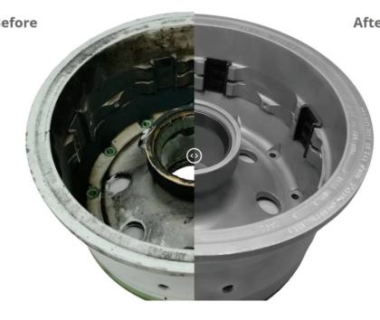 Aircraft wheel before and after wet blasting for NDT