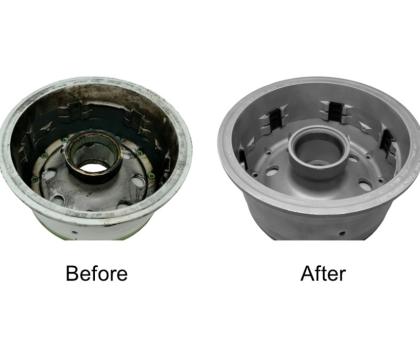 Aircraft wheel before and after wet blasting for NDT