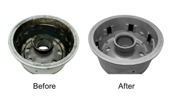Aircraft wheel before and after wet blasting for NDT