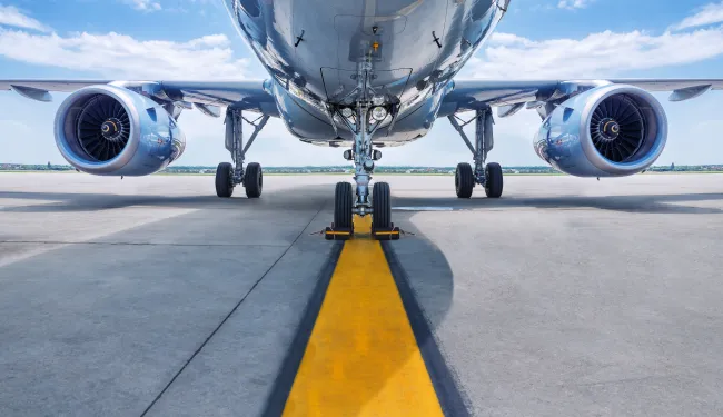 Stationary passenger jet with jet engines and landing gear visible