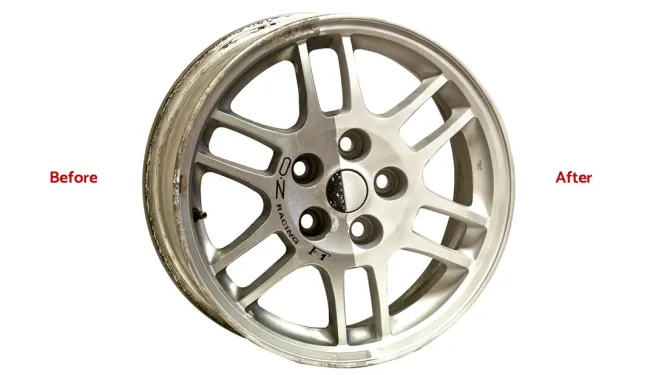 Alloy wheel before and after being wet blasted by a Vapormatt Puma wet blasting machine