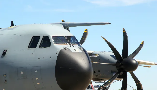 Military transport aircraft with propeller blades