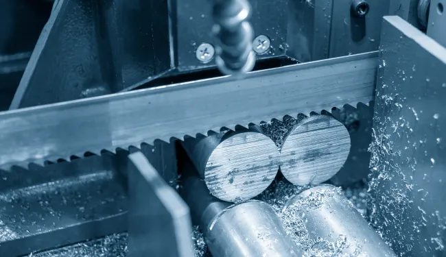 Metal bars being sawn by a bandsaw