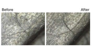 Aerospace component crack before and after wet blasting