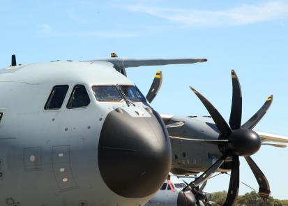 Propeller blades on a military transport aircraft